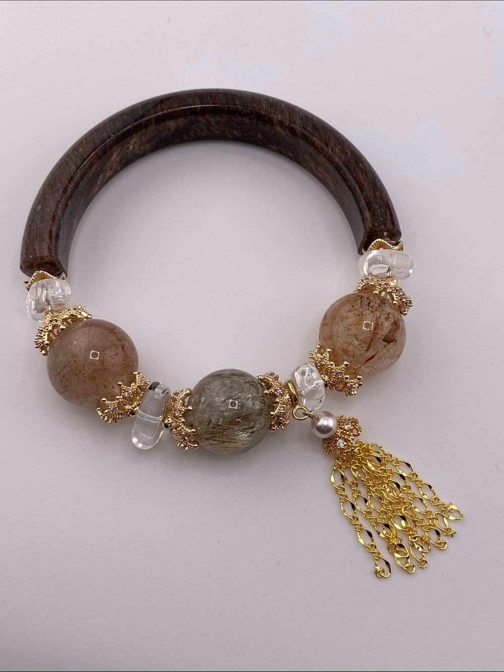 Authentic Copper & Smoky Rutilated Quartz Half-Bangle Charm Bracelet